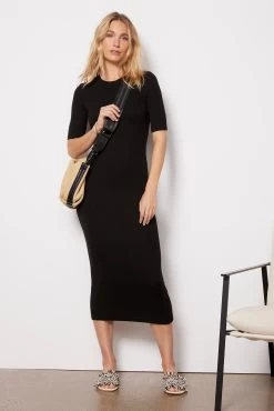 Silk Rib Half Sleeve Crew Midi Dress